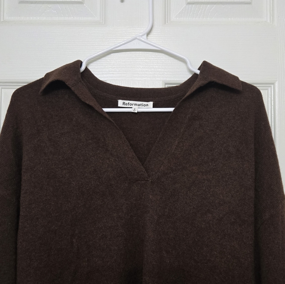 Reformation Doreen 100% Cashmere Polo Sweater Dress Brown Collar Small S - Picture 8 of 10